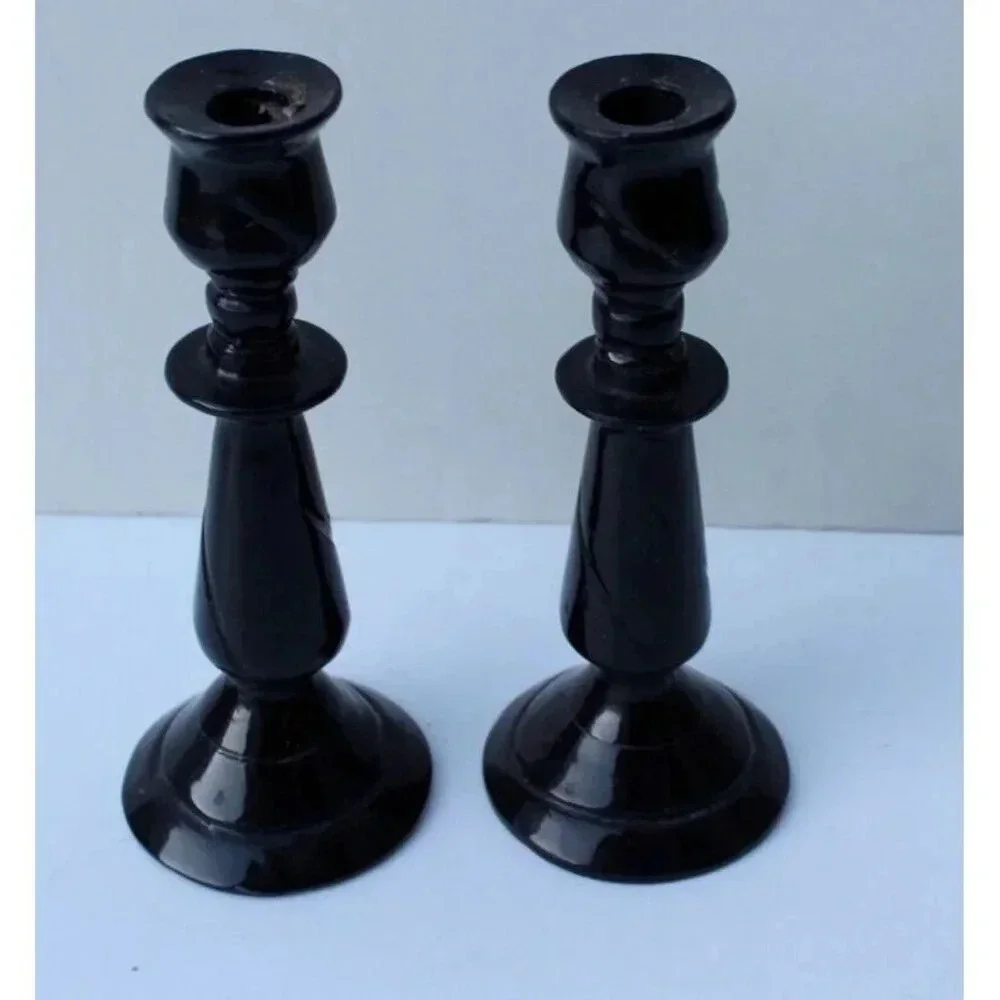 Vintage Pair Retro Black Carved Marble Candlesticks Home Decor